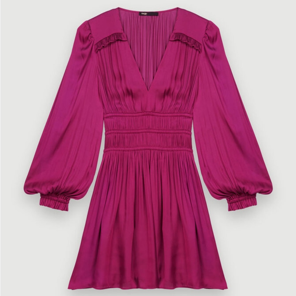 Maje satin dress with ruffles in magenta. - Picture 5 of 7